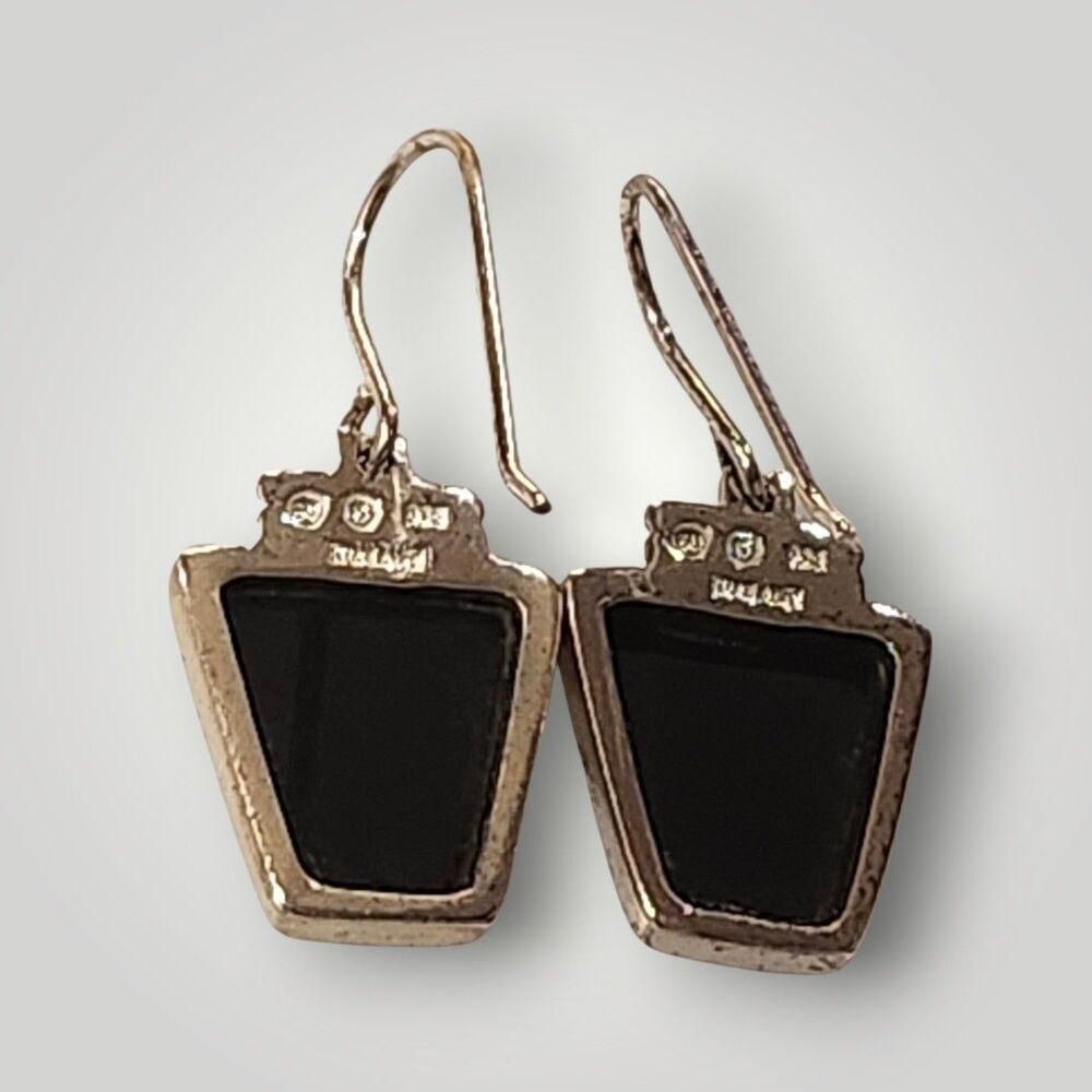 Vintage SU 925 Sterling Silver Onyx Inlay Dangle Pierced Hook Earrings 6g - Picture 3 of 8